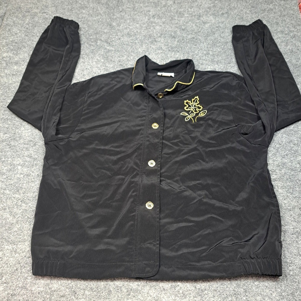 Teddi Vintage Black‎ Gold Maple Leaf Embroidered Button Front Jacket Large 51011